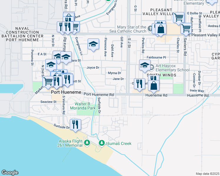 map of restaurants, bars, coffee shops, grocery stores, and more near 161 Ann Avenue in Port Hueneme
