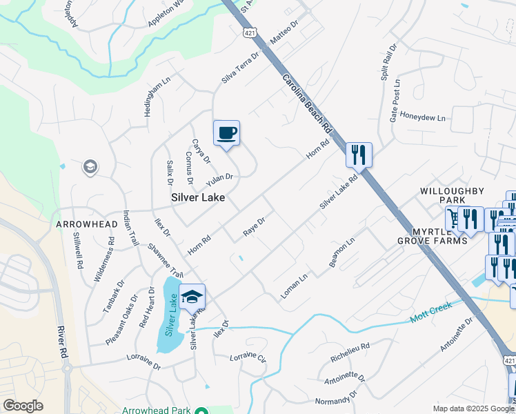 map of restaurants, bars, coffee shops, grocery stores, and more near 217 Horn Road in Wilmington