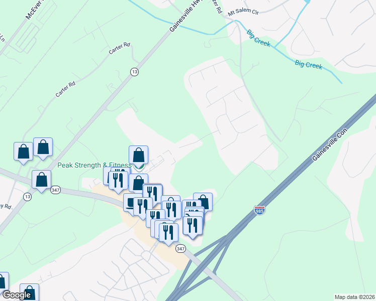 map of restaurants, bars, coffee shops, grocery stores, and more near 5451 Oak Crest Lane in Buford