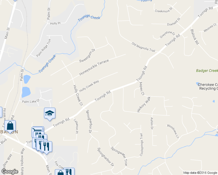map of restaurants, bars, coffee shops, grocery stores, and more near 535 Toonigh Road in Woodstock