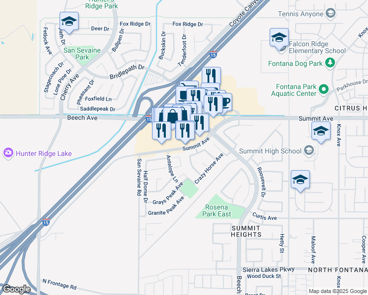 map of restaurants, bars, coffee shops, grocery stores, and more near 15058 Summit Avenue in Fontana