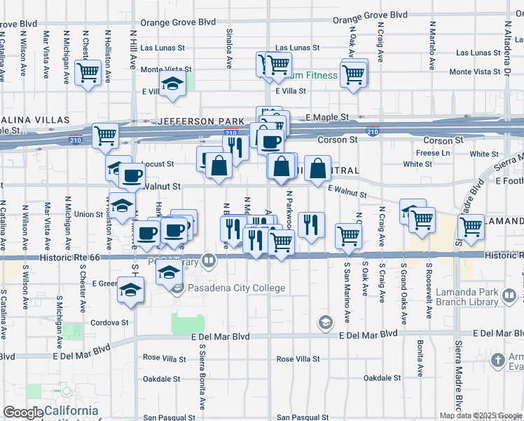 map of restaurants, bars, coffee shops, grocery stores, and more near 125 Allen Avenue in Pasadena