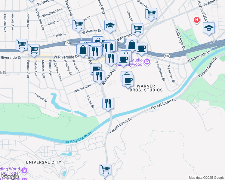 map of restaurants, bars, coffee shops, grocery stores, and more near in Burbank