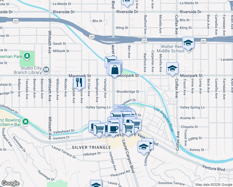 map of restaurants, bars, coffee shops, grocery stores, and more near 4312 Laurel Canyon Boulevard in Los Angeles