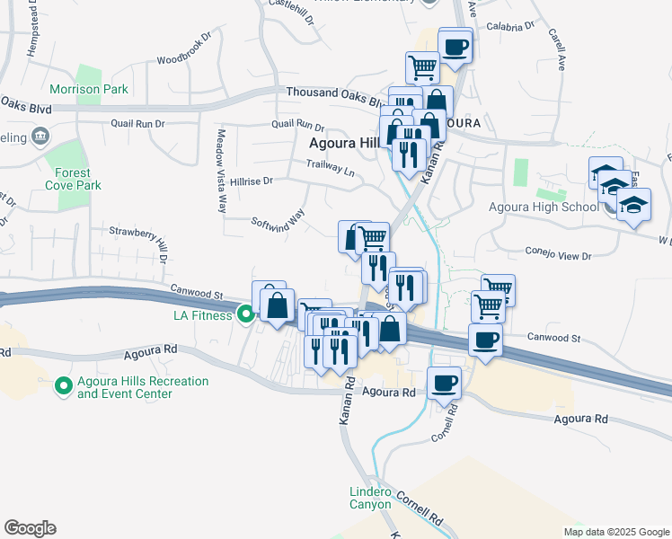 map of restaurants, bars, coffee shops, grocery stores, and more near 29219 Canwood Street in Agoura Hills