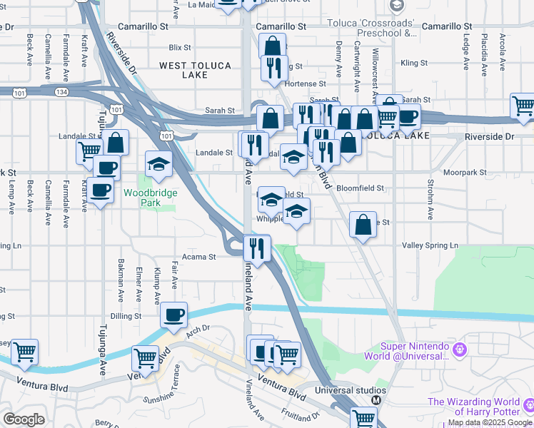 map of restaurants, bars, coffee shops, grocery stores, and more near 10953 Whipple Street in Los Angeles