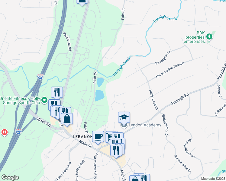map of restaurants, bars, coffee shops, grocery stores, and more near 125 Palm Lake Drive in Canton