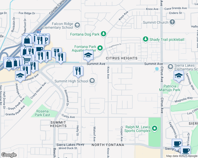 map of restaurants, bars, coffee shops, grocery stores, and more near 15551 Summit Avenue in Fontana