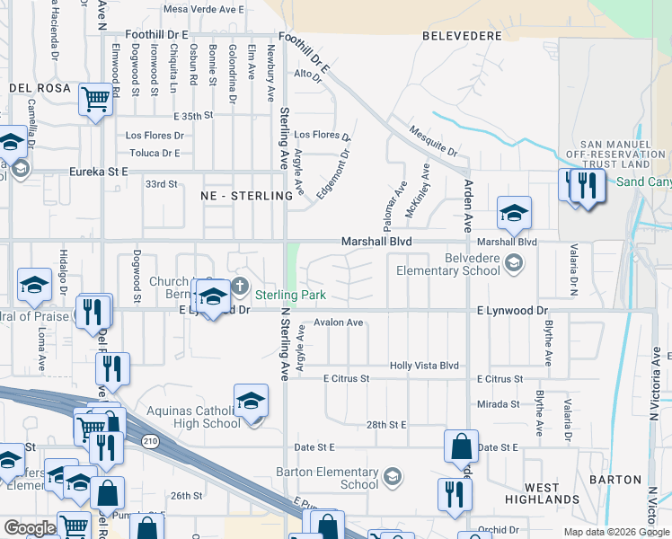 map of restaurants, bars, coffee shops, grocery stores, and more near 2115 Jacaranda Court in San Bernardino