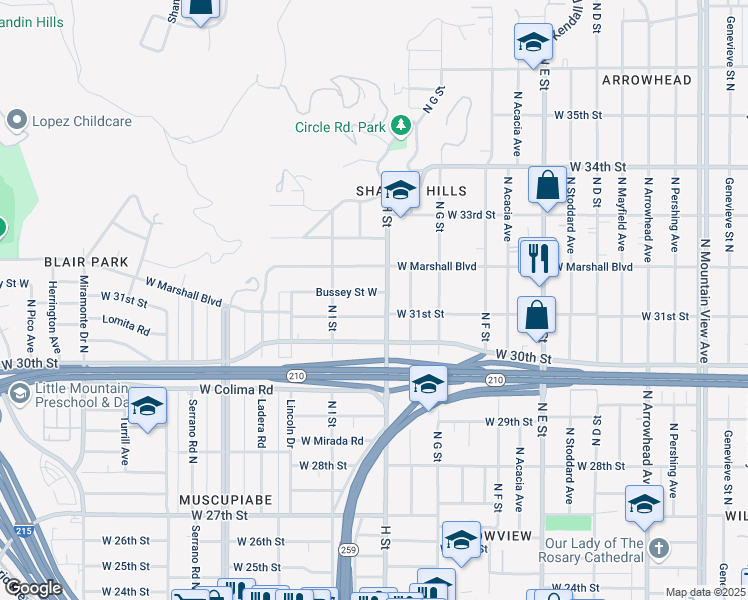map of restaurants, bars, coffee shops, grocery stores, and more near 820 Bussey Street West in San Bernardino