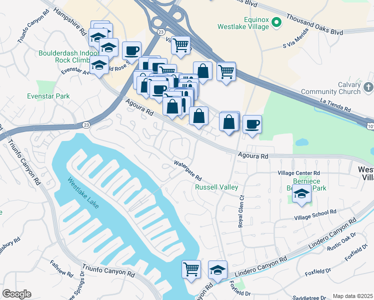 map of restaurants, bars, coffee shops, grocery stores, and more near 1161 Landsburn Circle in Westlake Village