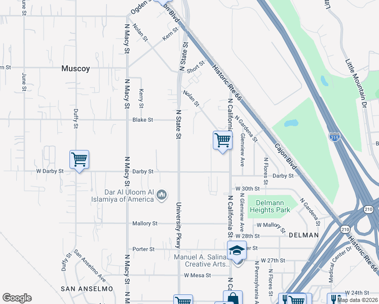 map of restaurants, bars, coffee shops, grocery stores, and more near 2879 North State Street in Muscoy