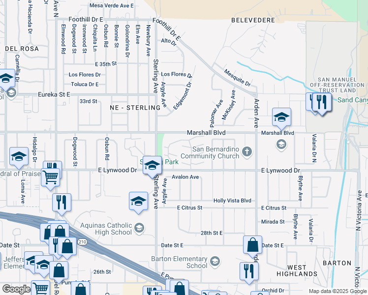 map of restaurants, bars, coffee shops, grocery stores, and more near 2115 Jacaranda Court in San Bernardino
