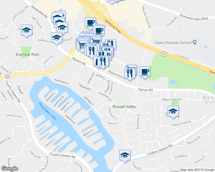 map of restaurants, bars, coffee shops, grocery stores, and more near 1161 Landsburn Circle in Westlake Village