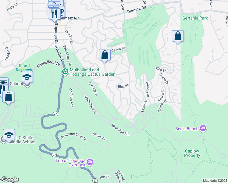 map of restaurants, bars, coffee shops, grocery stores, and more near 21465 Iglesia Drive in Los Angeles