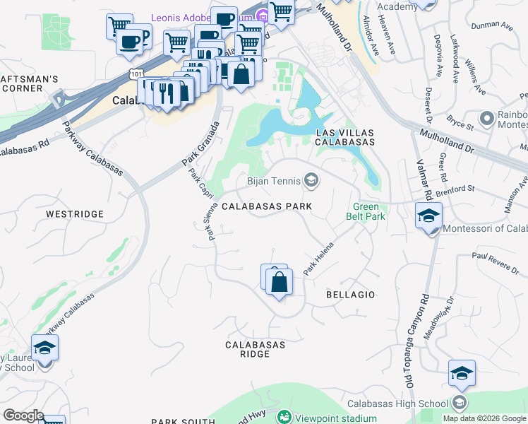 map of restaurants, bars, coffee shops, grocery stores, and more near 4360 Park Alisal in Calabasas