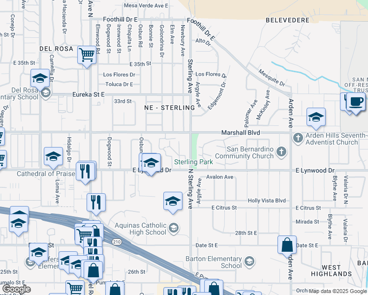 map of restaurants, bars, coffee shops, grocery stores, and more near 3164 North Sterling Avenue in San Bernardino