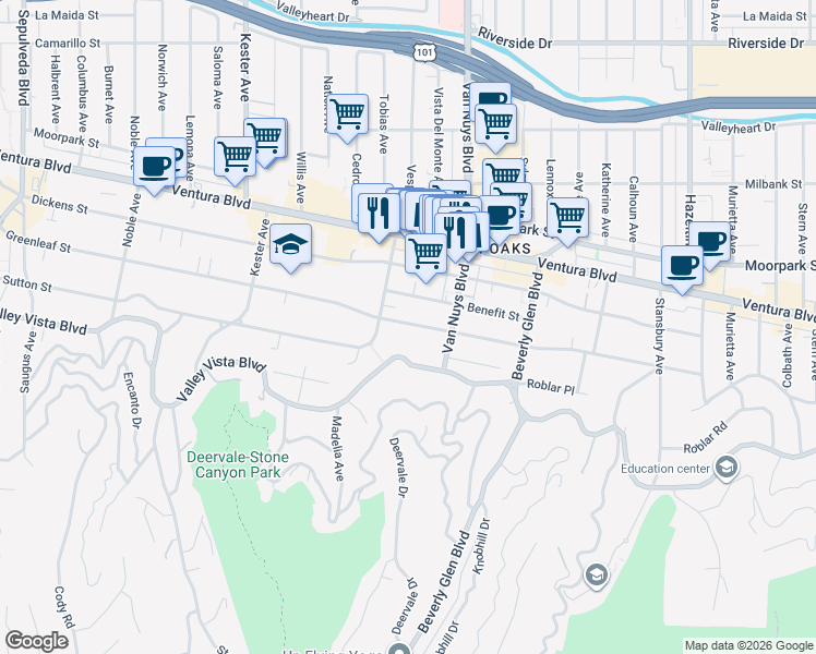 map of restaurants, bars, coffee shops, grocery stores, and more near 14550 Greenleaf Street in Los Angeles
