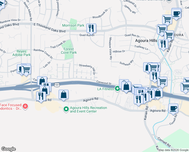 map of restaurants, bars, coffee shops, grocery stores, and more near 29631 Strawberry Hill Drive in Agoura Hills