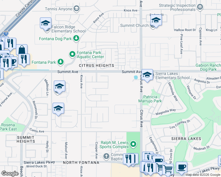 map of restaurants, bars, coffee shops, grocery stores, and more near 5811 Little Shay Drive in Fontana