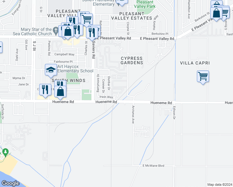 map of restaurants, bars, coffee shops, grocery stores, and more near 5516 Dunbar Drive in Oxnard