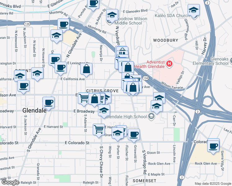 map of restaurants, bars, coffee shops, grocery stores, and more near 1247 East Wilson Avenue in Glendale