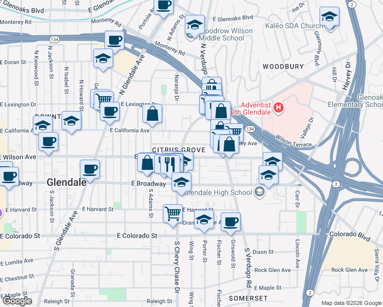 map of restaurants, bars, coffee shops, grocery stores, and more near in Glendale