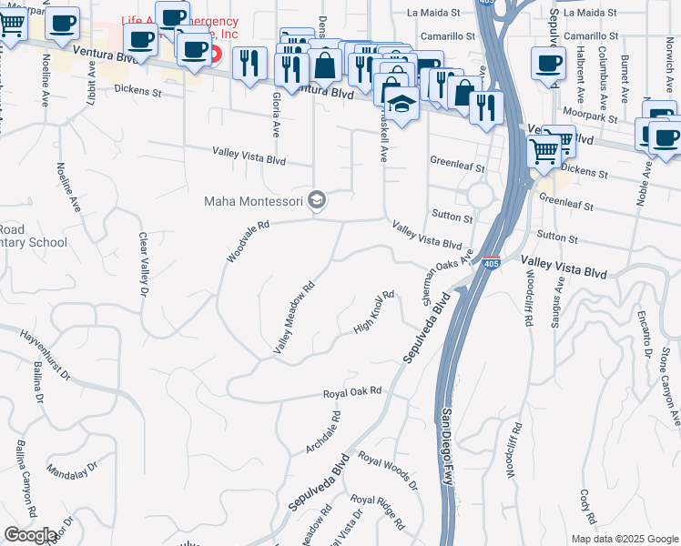 map of restaurants, bars, coffee shops, grocery stores, and more near 4266 Valley Meadow Road in Los Angeles