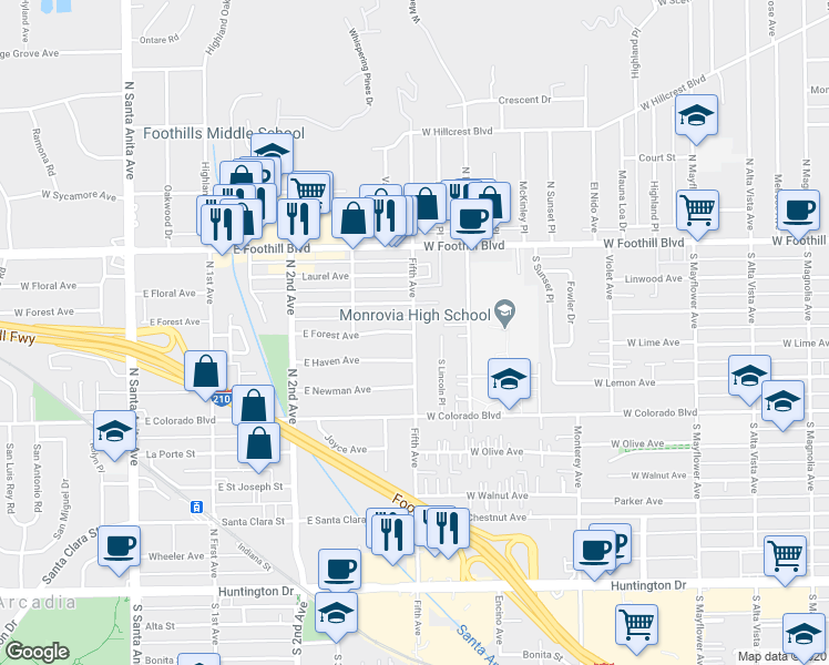 map of restaurants, bars, coffee shops, grocery stores, and more near South 5th Avenue & East Forest Avenue in Monrovia
