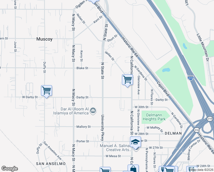 map of restaurants, bars, coffee shops, grocery stores, and more near 2879 North State Street in Muscoy