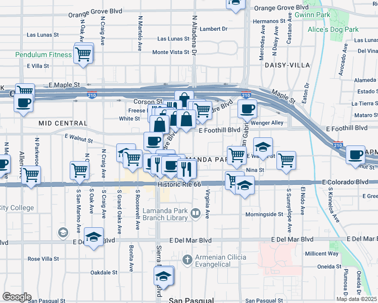 map of restaurants, bars, coffee shops, grocery stores, and more near in Pasadena