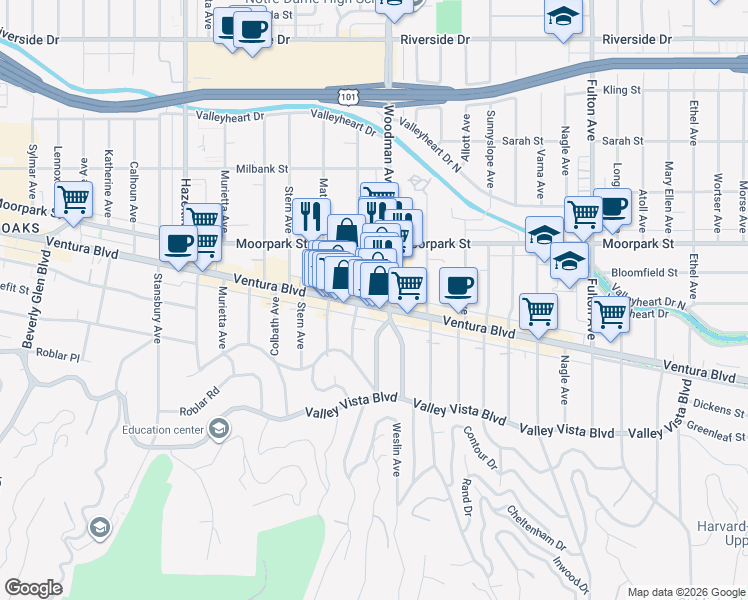 map of restaurants, bars, coffee shops, grocery stores, and more near 4324 Mammoth Avenue in Los Angeles