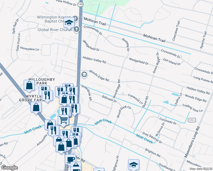 map of restaurants, bars, coffee shops, grocery stores, and more near 4815 Woods Edge Road in Wilmington