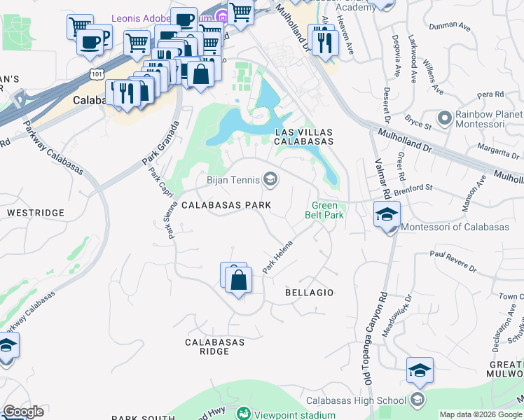 map of restaurants, bars, coffee shops, grocery stores, and more near 4304 Park Corona in Calabasas