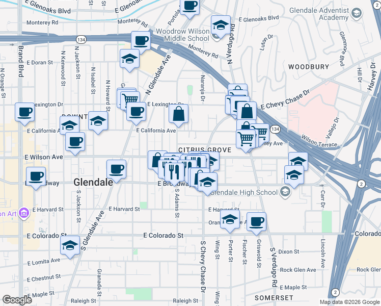 map of restaurants, bars, coffee shops, grocery stores, and more near 1121 East Wilson Avenue in Glendale