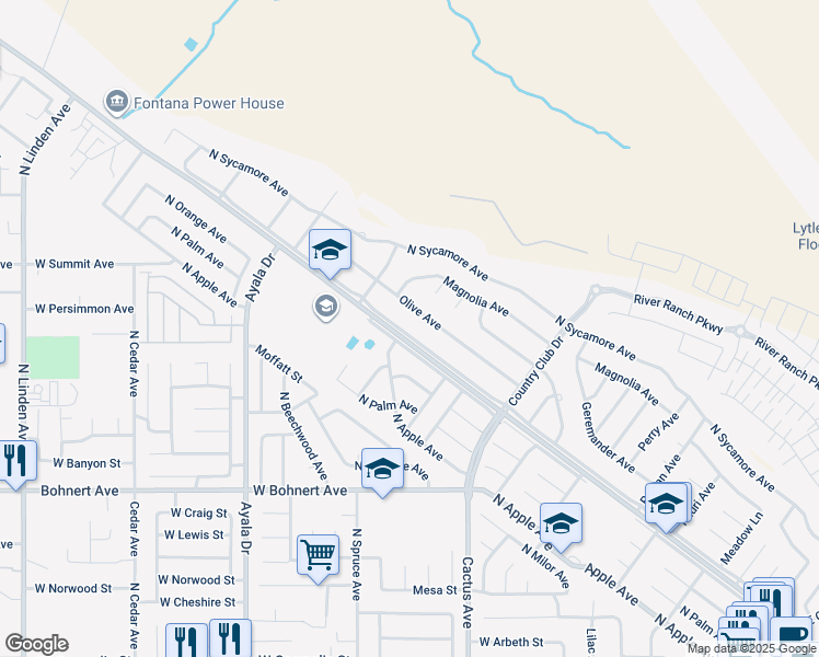 map of restaurants, bars, coffee shops, grocery stores, and more near 5737 Riverside Avenue in Rialto