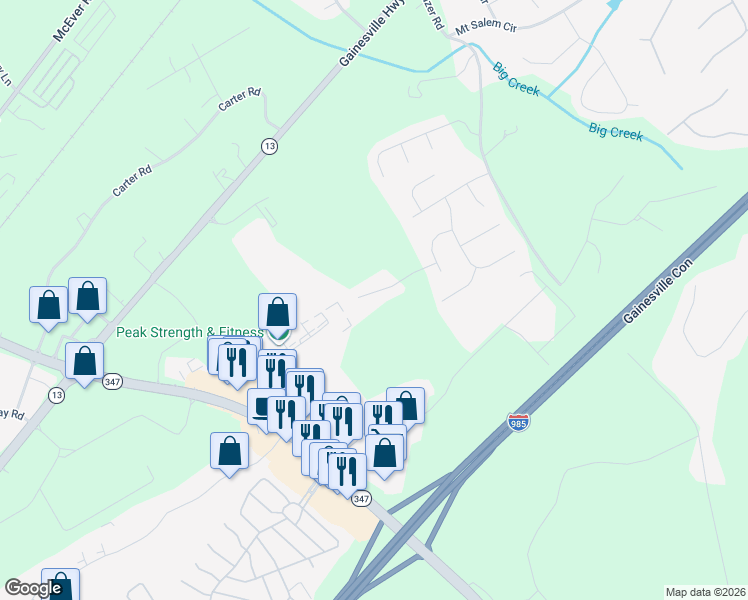 map of restaurants, bars, coffee shops, grocery stores, and more near 5451 Oak Crest Lane in Buford