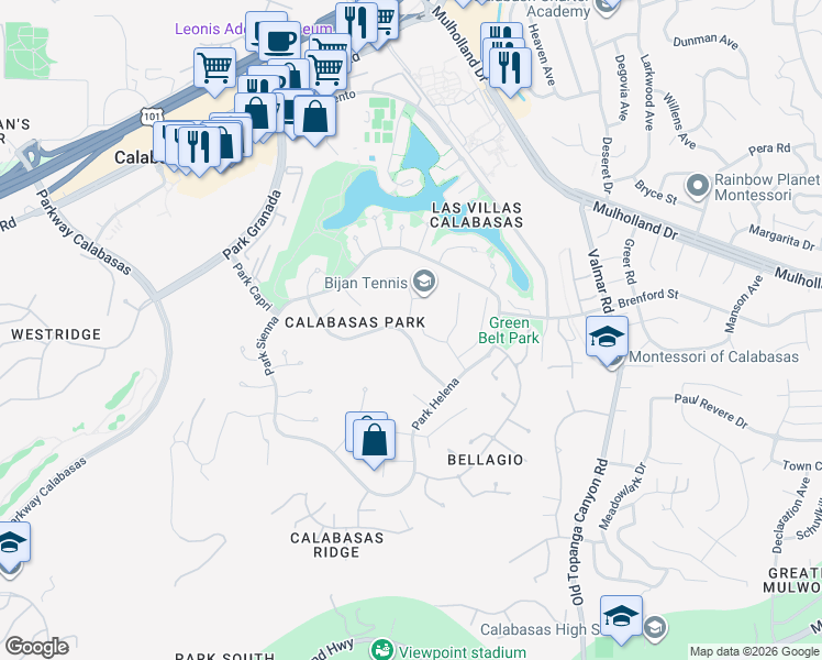 map of restaurants, bars, coffee shops, grocery stores, and more near 4321 Park Corona in Calabasas