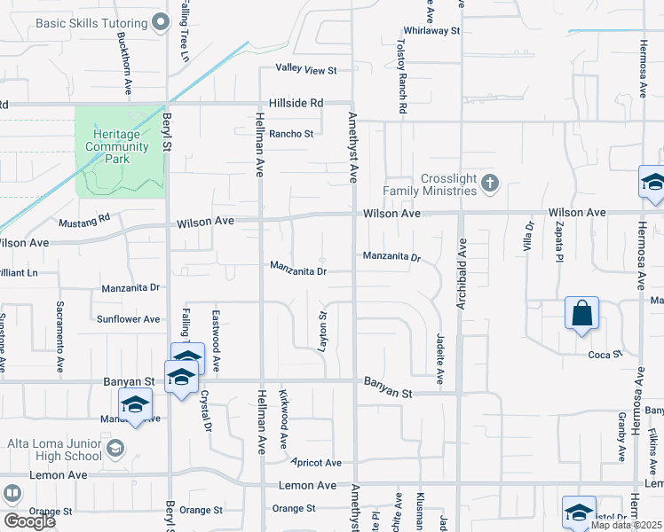 map of restaurants, bars, coffee shops, grocery stores, and more near 5824 Layton Street in Rancho Cucamonga