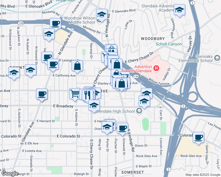 map of restaurants, bars, coffee shops, grocery stores, and more near 1313 East Wilson Avenue in Glendale