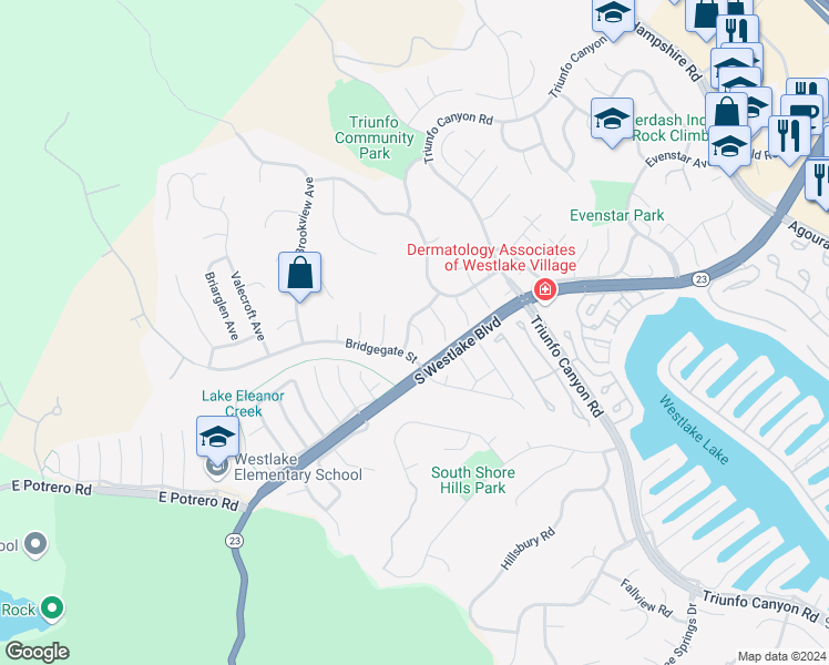 map of restaurants, bars, coffee shops, grocery stores, and more near 1233 Barclay Court in Westlake Village