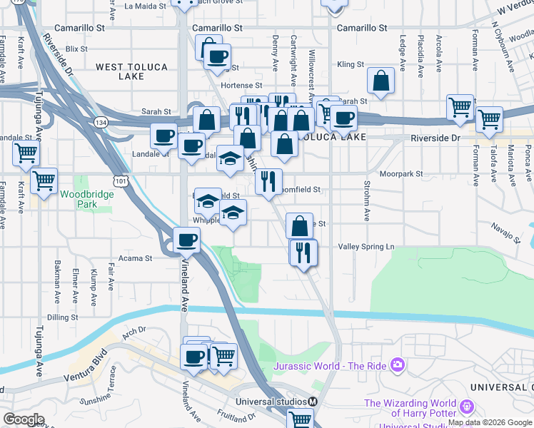map of restaurants, bars, coffee shops, grocery stores, and more near 10817 Whipple Street in Los Angeles