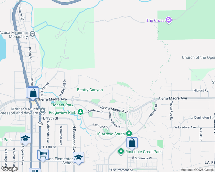 map of restaurants, bars, coffee shops, grocery stores, and more near 614 East Camellia Way in Azusa