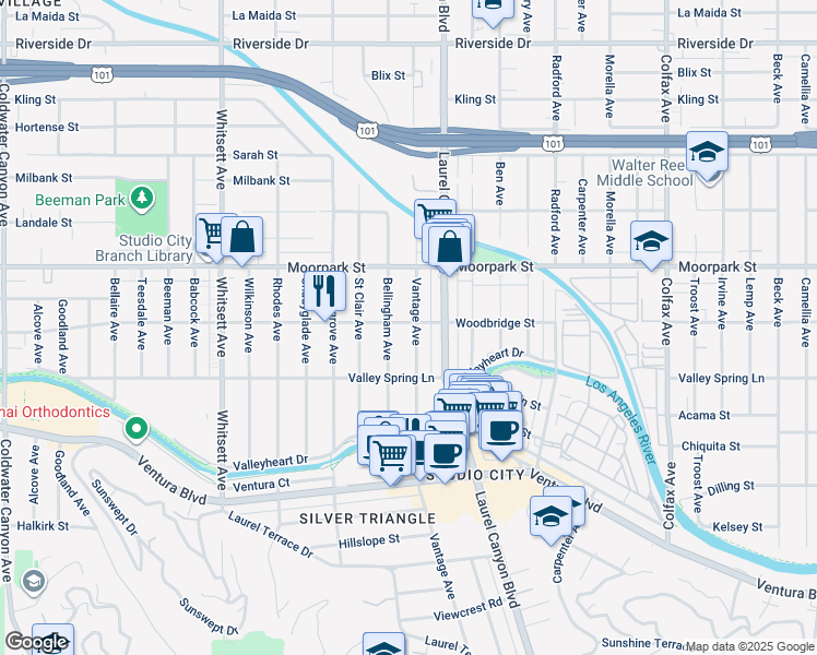 map of restaurants, bars, coffee shops, grocery stores, and more near 4259 Vantage Avenue in Los Angeles