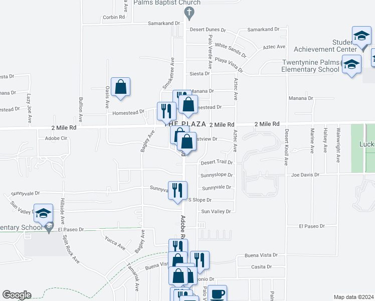 map of restaurants, bars, coffee shops, grocery stores, and more near 5787 Adobe Road in Twentynine Palms