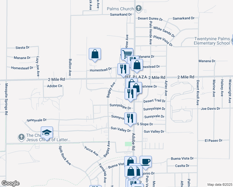 map of restaurants, bars, coffee shops, grocery stores, and more near 73589 Desert Trail Drive in Twentynine Palms