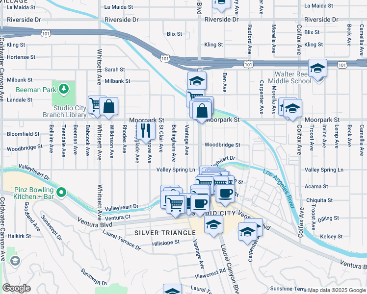 map of restaurants, bars, coffee shops, grocery stores, and more near 4259 Vantage Avenue in Los Angeles