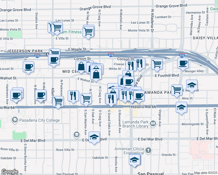 map of restaurants, bars, coffee shops, grocery stores, and more near 2140 East Walnut Street in Pasadena