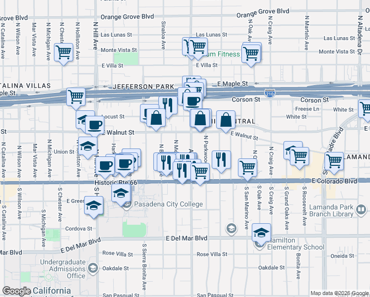 map of restaurants, bars, coffee shops, grocery stores, and more near in Pasadena