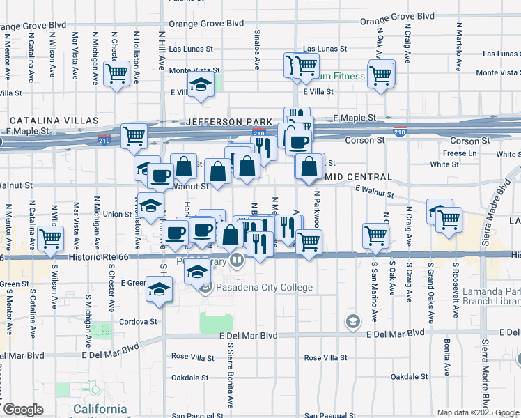 map of restaurants, bars, coffee shops, grocery stores, and more near 165 North Bonnie Avenue in Pasadena